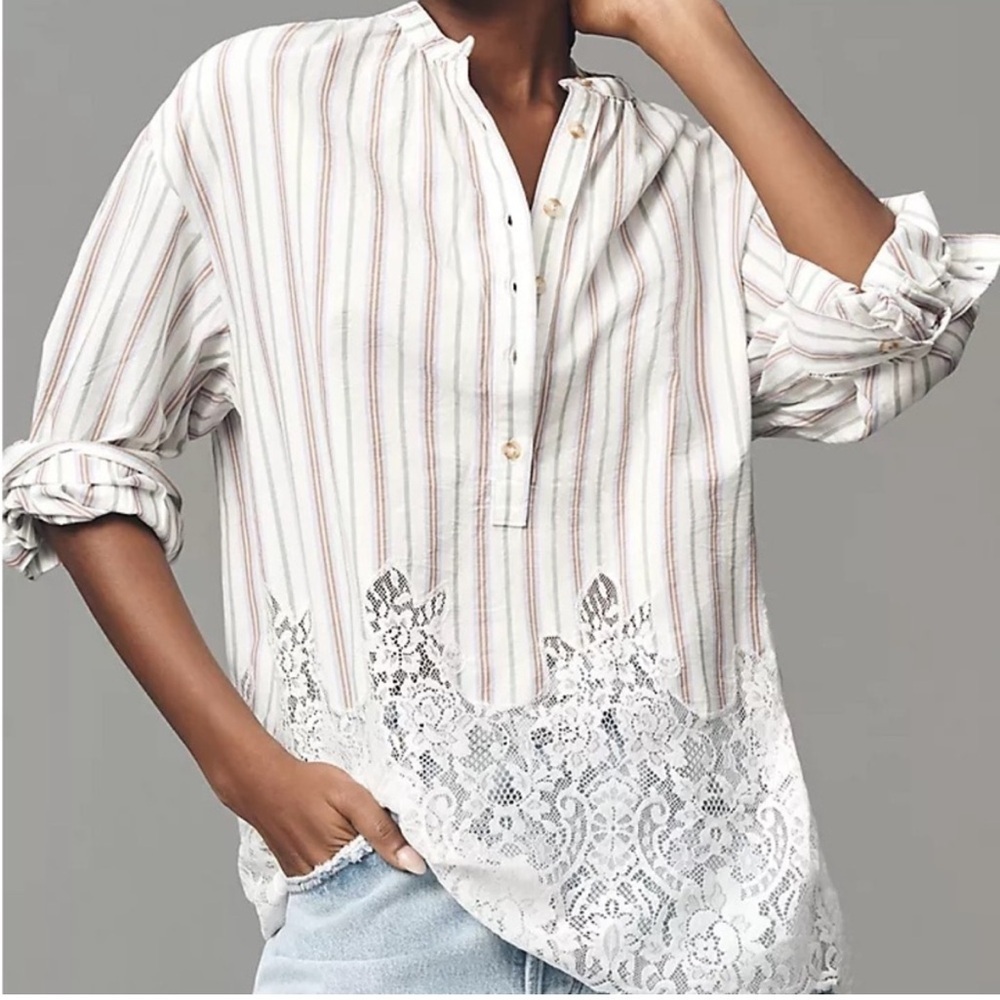 Anthropologie Pilcro Long-Sleeve Striped Lacey Tunic Top